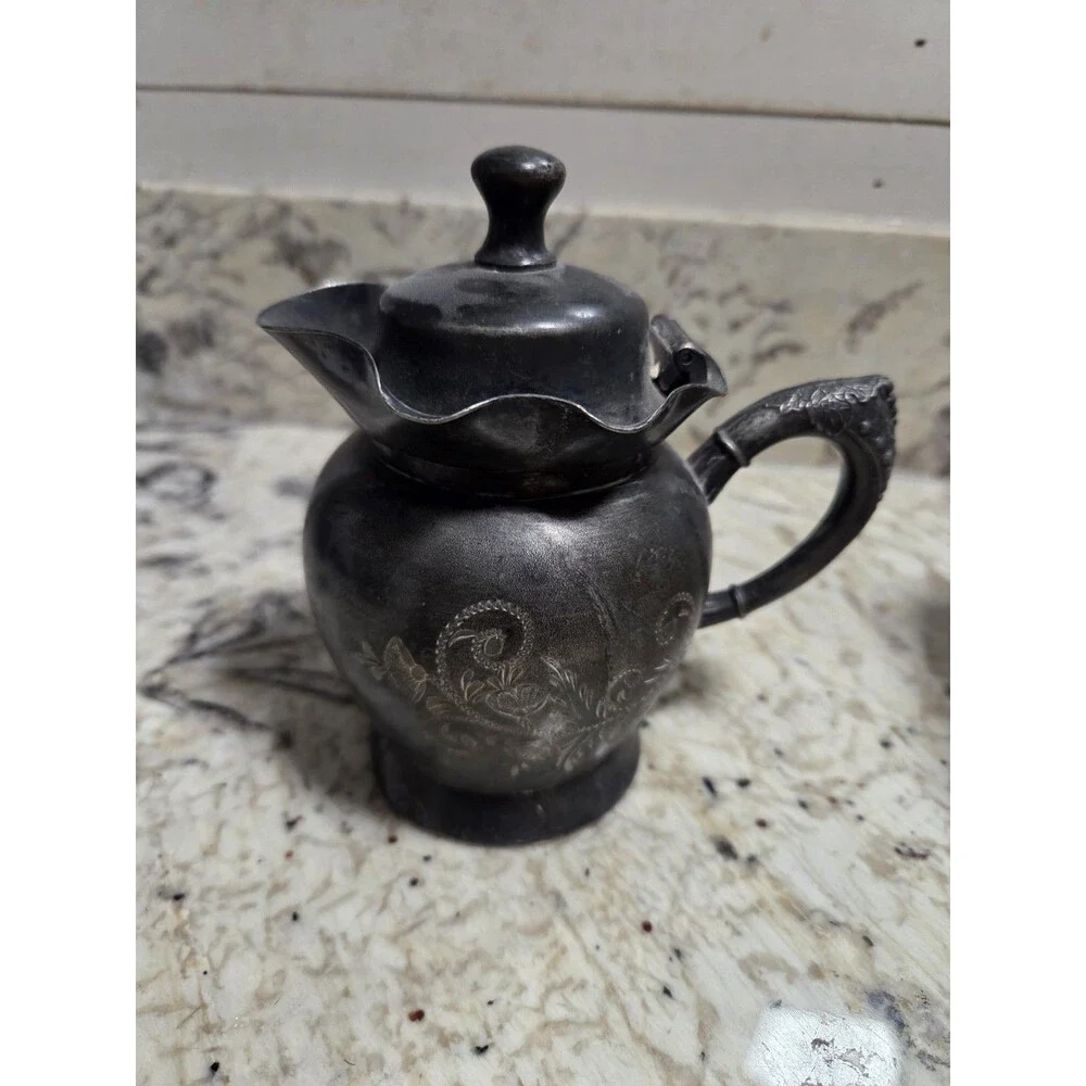 Vintage Columbia USA Pewter Quart Plate lidded Syrup cream Pitcher Floral Etched